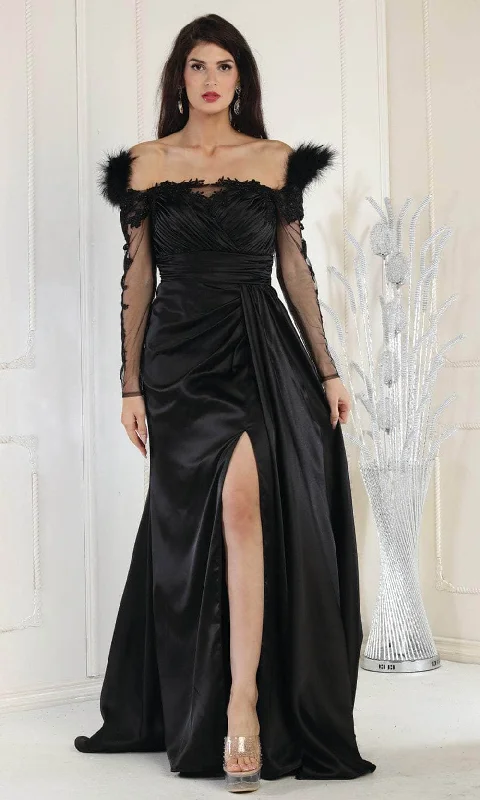 May Queen RQ8002 - Off-Shoulder Feather Detail Evening Dress Winter party dresses