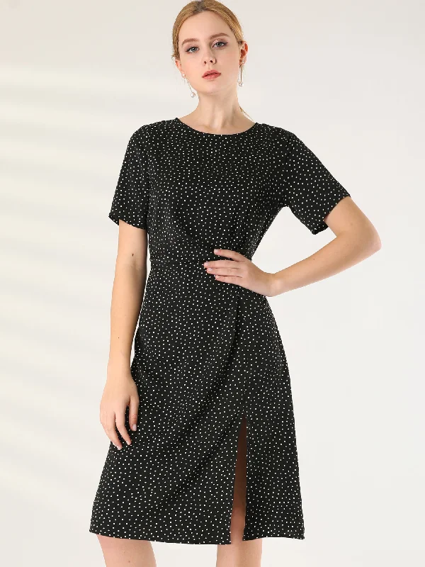 Polka Dots Short Sleeve Slit Front Casual Office Midi Dress Long sleeve midi dresses Polka Dots Short Sleeve Slit Front Casual Office Midi Dress Long sleeve midi dresses