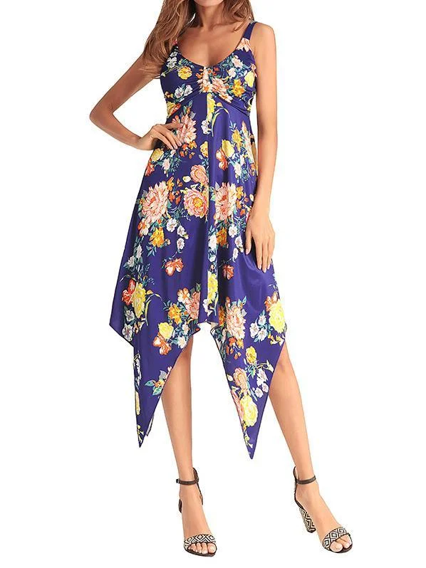 2018 New Printed Spaghetti Strap V Neck Sleeveless Irregular Dress Midi floral dresses