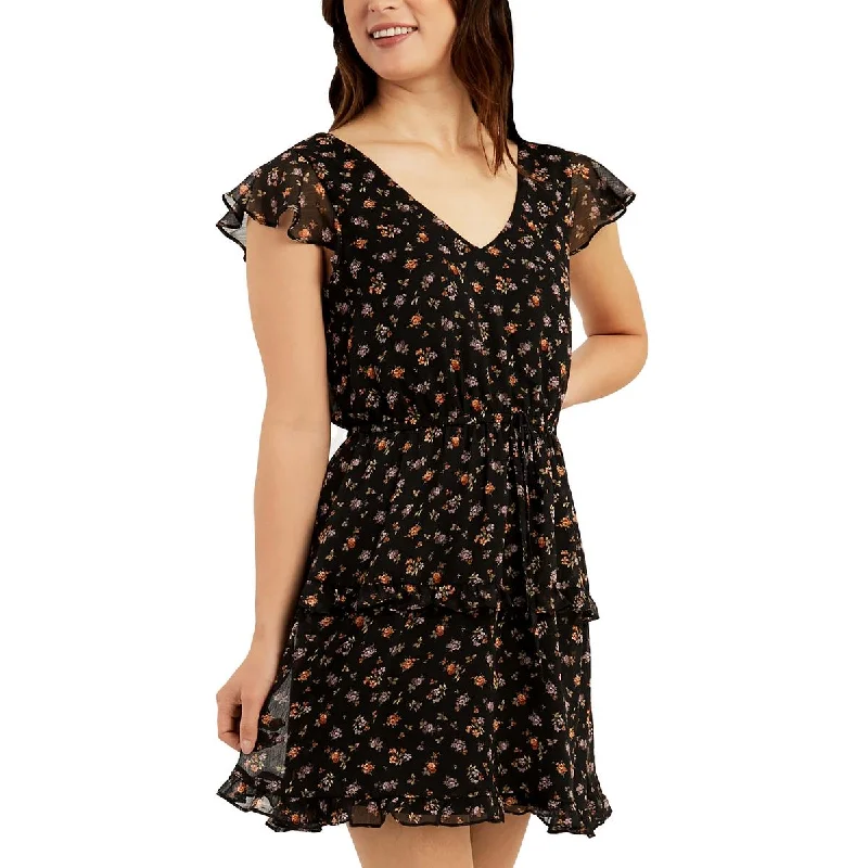 BCX Womens Juniors Floral Print Draw String Waist Babydoll Dress Designer floral dresses