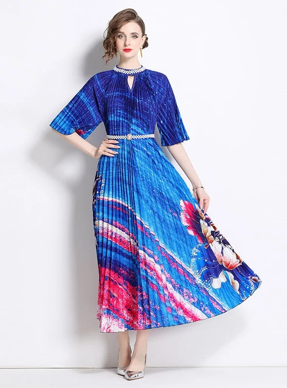 Beaded Printed Pleated Pearl Button Pleated Dress Flattering floral dresses for all body types