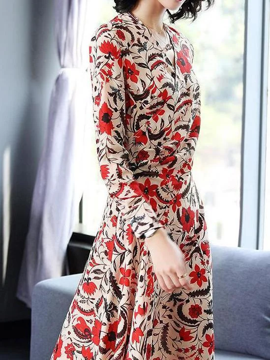 New Print Chiffon V Neck Long Sleeve Beach Dress Birthday floral dresses