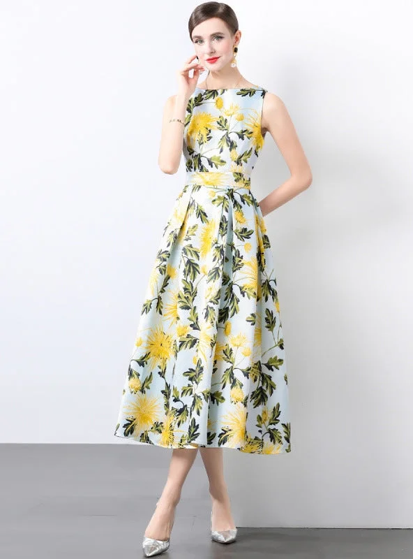 Sleeveless High Waist Printed Silm Waist Dress Knitted floral dresses