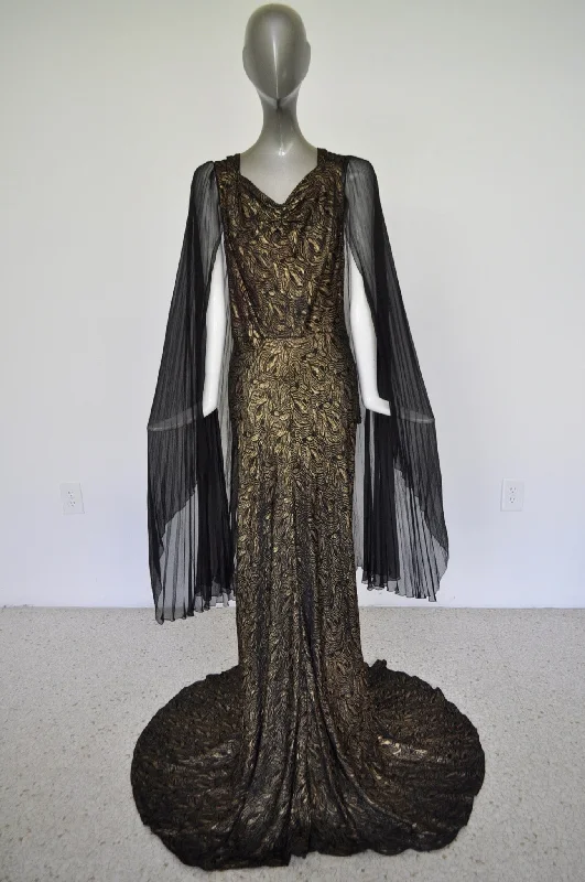 1930s Gold Lame Gown with train and pleated batwing chiffon sleeves Gold Lame Bias cut gown Dark color unclassified dresses