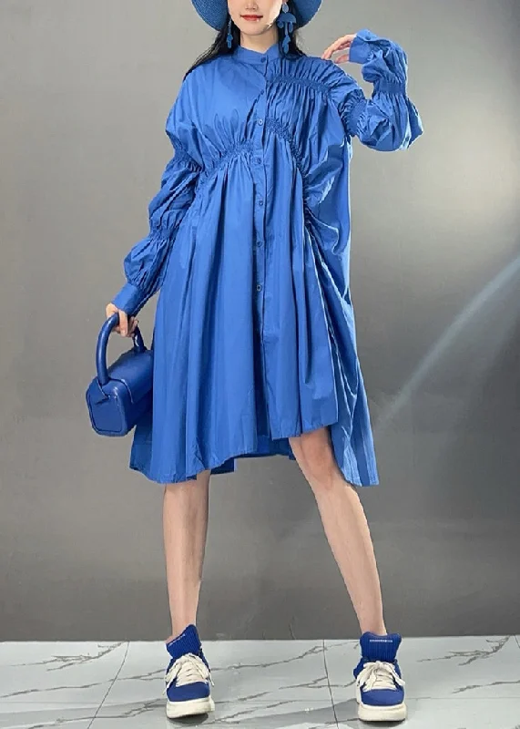 Art Blue Asymmetrical Wrinkled Button Cotton Dress Fall AJ1032 Sequin unclassified dresses