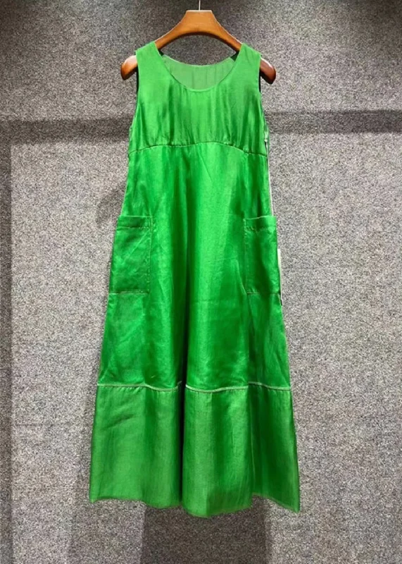 Art Green O Neck Pockets Patchwork Silk Dresses Sleeveless EE1032 Wedding guest unclassified dresses