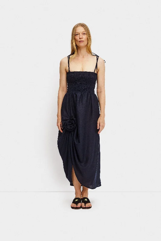 Atlanta Linen Strap Dress with Rose Detail in Navy Open-back unclassified dresses