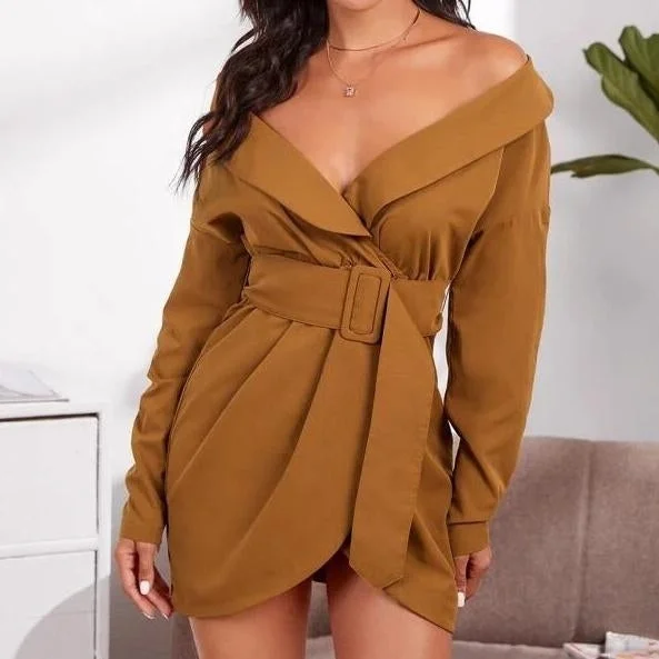 Belted Foldover Off-the-Shoulder Wrap Dress One-shoulder unclassified dresses