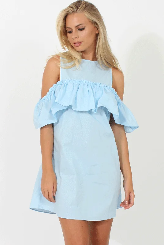 Blue Cold Shoulder Frill Layer Dress - Helena Trendy unclassified dresses