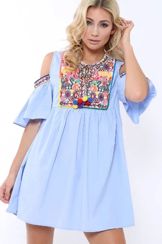 Blue Cold Shoulder Shift Dress with Aztec Embroidery - Elodie Best-selling unclassified dresses