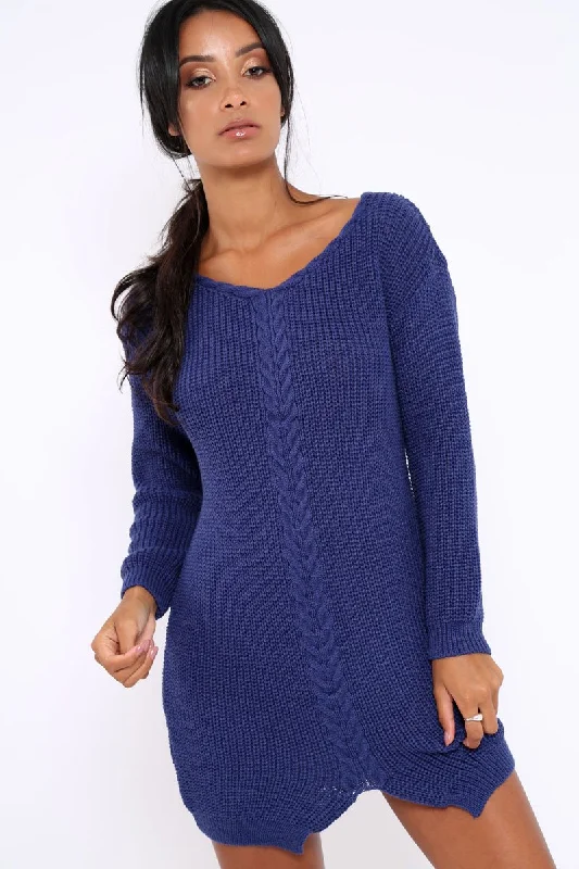 Blue Jumper Dress with Twist Knit Detail - Antonia Chiffon unclassified dresses