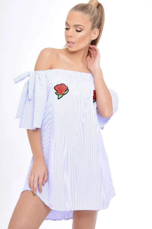 Blue Striped Bardot Embroidered Dress - Amette Luxury unclassified dresses