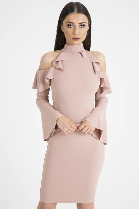 Blush Frill Detail Cold Shoulder Dress - Bonnie Sequin unclassified dresses