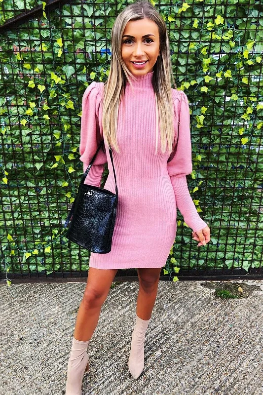 Blush High Neck Balloon Sleeve Knitted Dress - Ginna Striped unclassified dresses