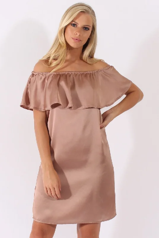 Blush Satin Bardot Frill Dress - Alura Smocked unclassified dresses