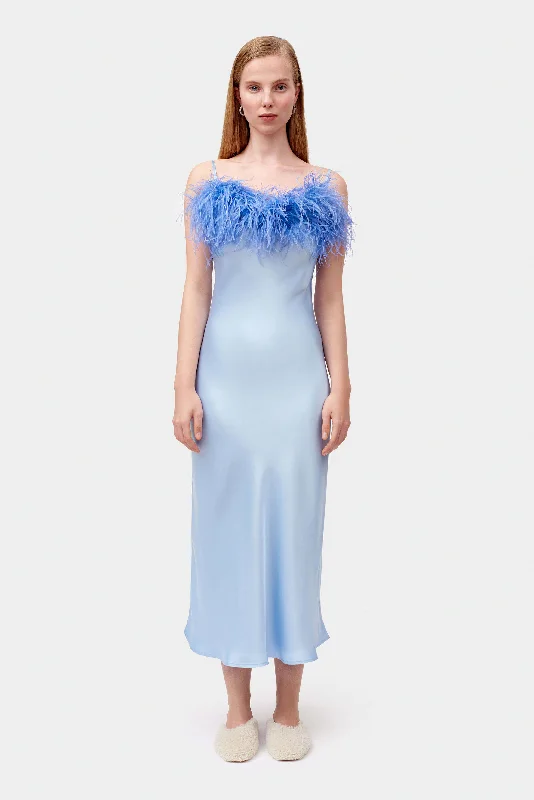 Boheme Slip Dress with Feathers in Blue Long sleeve unclassified dresses