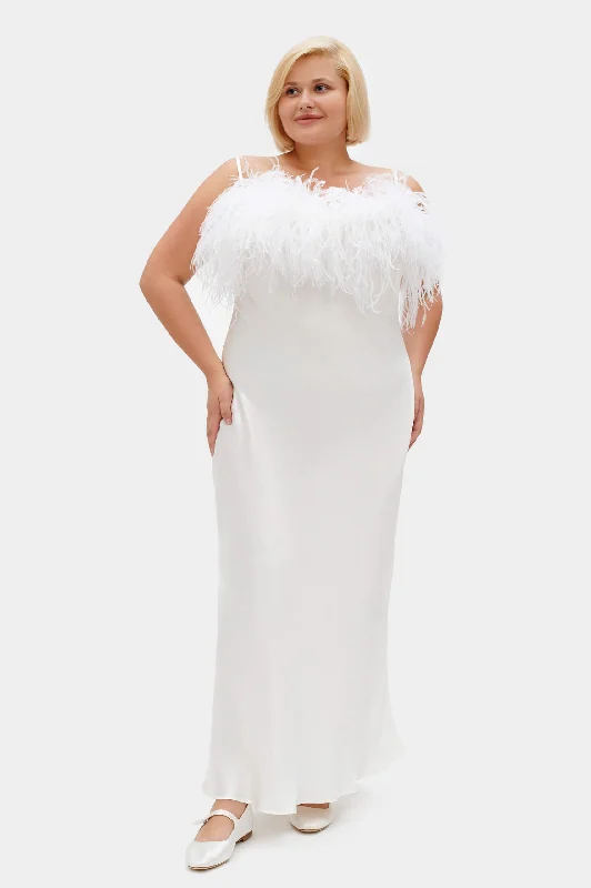 Boheme Slip Dress with Feathers in White Smocked unclassified dresses