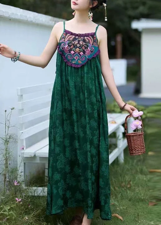 Boho Green Embroidered Jacquard Silk Spaghetti Strap Dress Sleeveless WW1015 Petite unclassified dresses