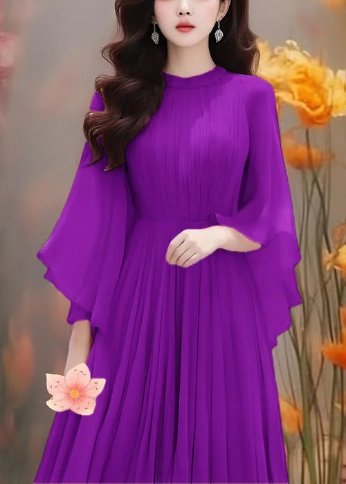 Boho Purple Solid Wrinkled Chiffon Dresses Butterfly Sleeve AA1022 Casual chic unclassified dresses