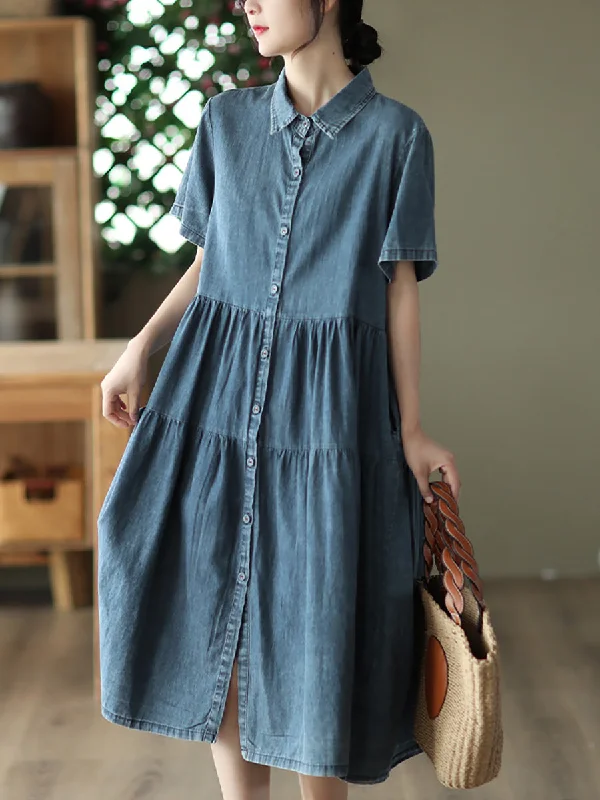 Women Summer Casual Solid Button-up Pleated Dress LL024 Dark color unclassified dresses