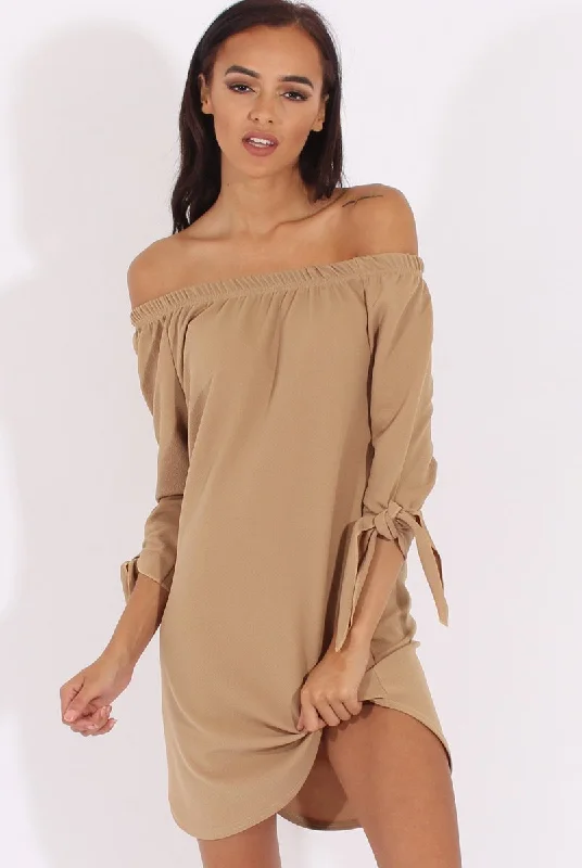 Camel Bardot Tie Cuffs Dress - Whitney Neutral tone unclassified dresses