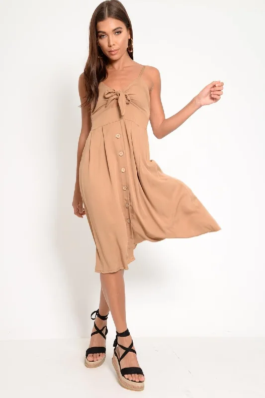 Camel Knot Front Button Dress - Kadia Long unclassified dresses