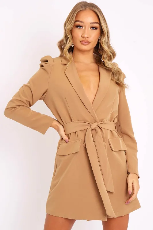 Camel Puff Sleeve Belted Waist Blazer Dress - Daionna Tulle unclassified dresses