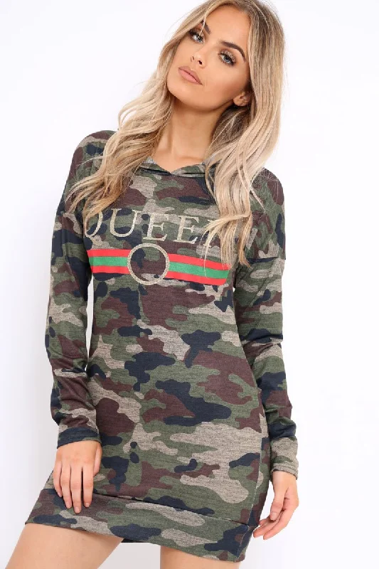 Camo Slogan Hooded Dress - Ramona Office unclassified dresses