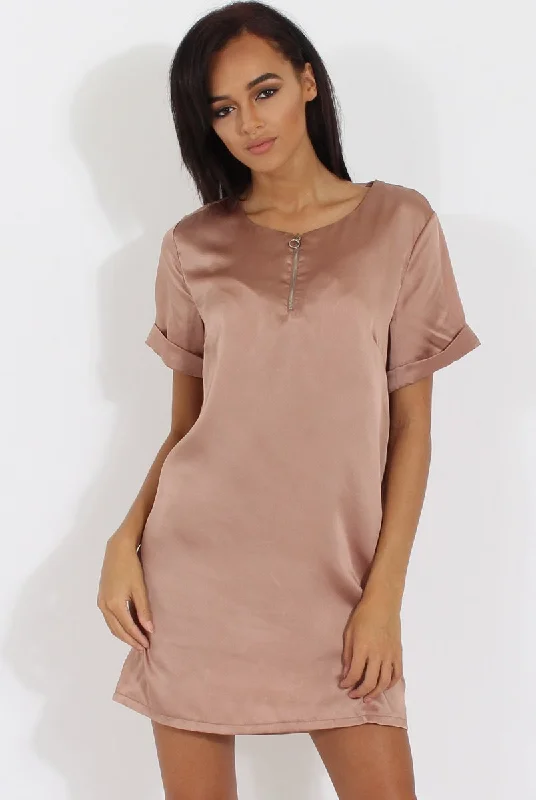 Champagne Satin Zip Tee Dress - Valeria Mesh unclassified dresses