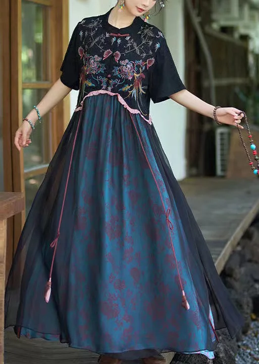 Chinese Style Black Stand Collar Embroidered Patchwork Linen Silk Dress Summer WW1014 Comfortable unclassified dresses