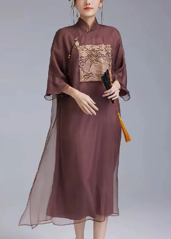 Chinese Style Dark Purple Embroidered Button Silk Dresses Spring QA1011 High-low unclassified dresses