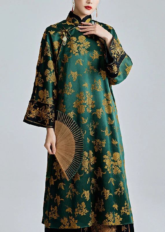 Chinese Style Green Stand Collar Jacquard Button Silk Dresses Spring QA1059 Long sleeve unclassified dresses