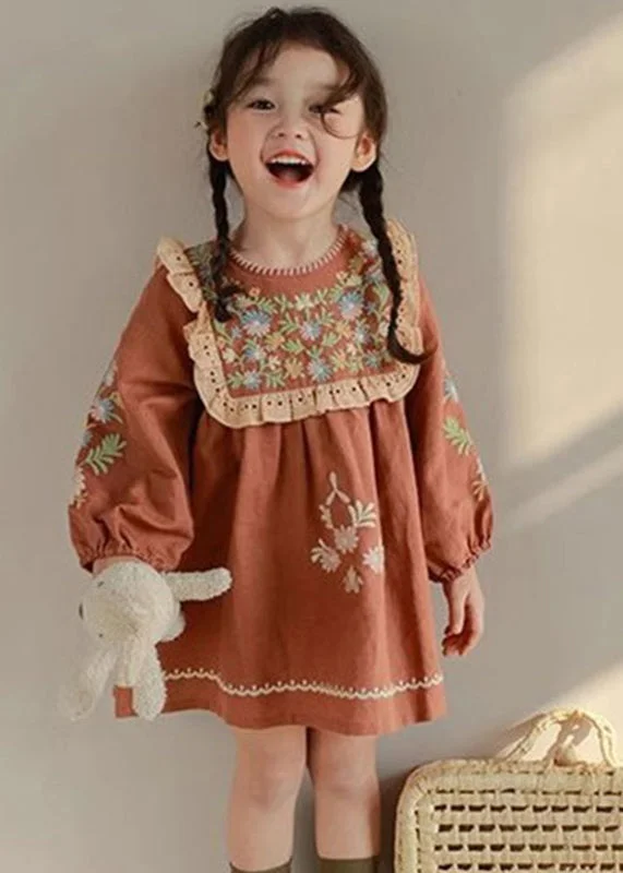 DIY Brick Red Embroideried Hollow Out Kids Mid Dress Fall SS1063 Lace unclassified dresses