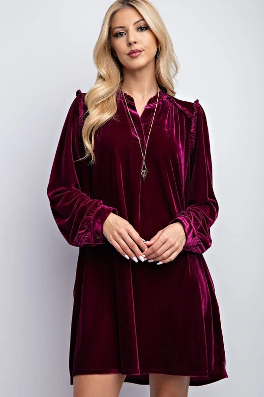 Easel Velvet Dress with Ruffle Accent - Plum Holiday unclassified dresses