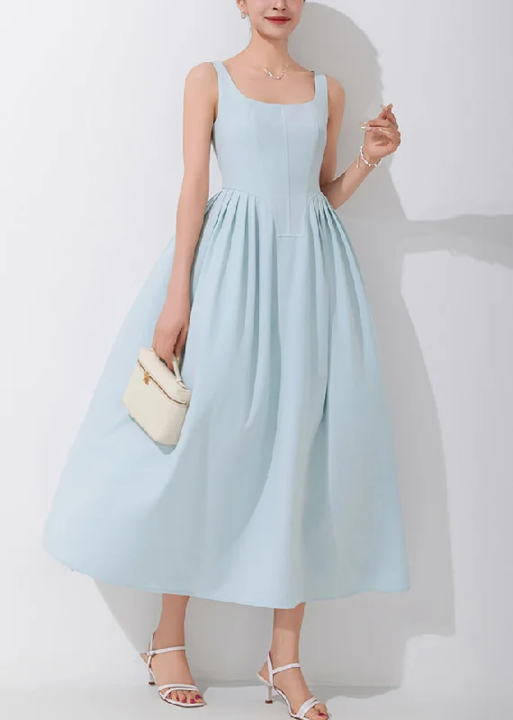 Elegant Blue Square Collar High Waist Spaghetti Strap Dress Sleeveless AM1018 Street style unclassified dresses