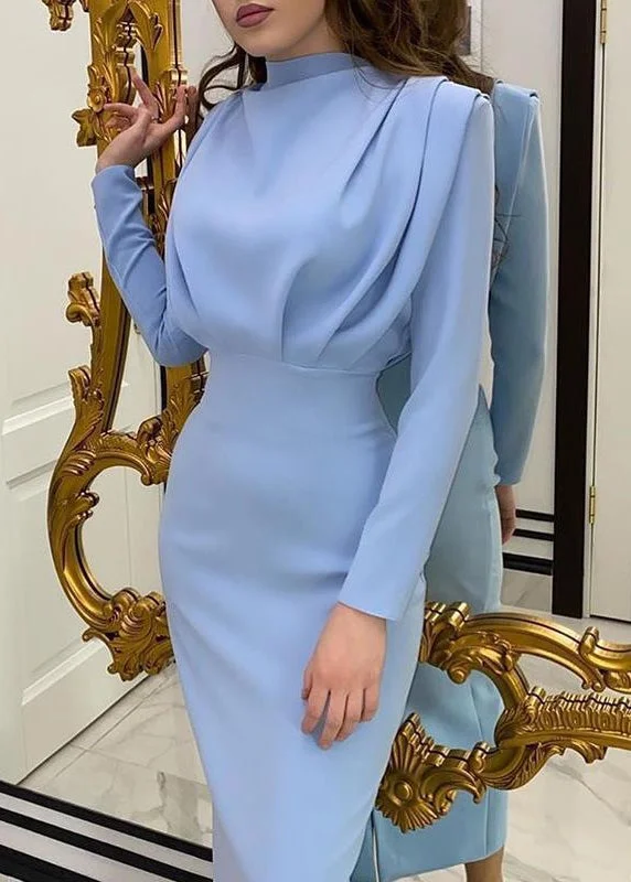 Elegant Light Blue Wrinkled Patchwork Slim Fit Dress Fall QR016 Best-selling unclassified dresses