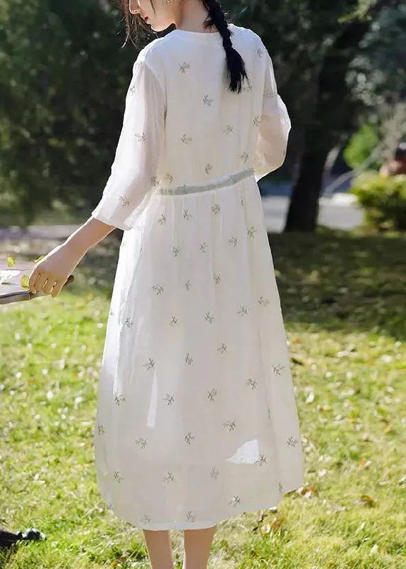 Elegant White Embroidered Button Linen Dress Spring CG1003 Minimalist unclassified dresses