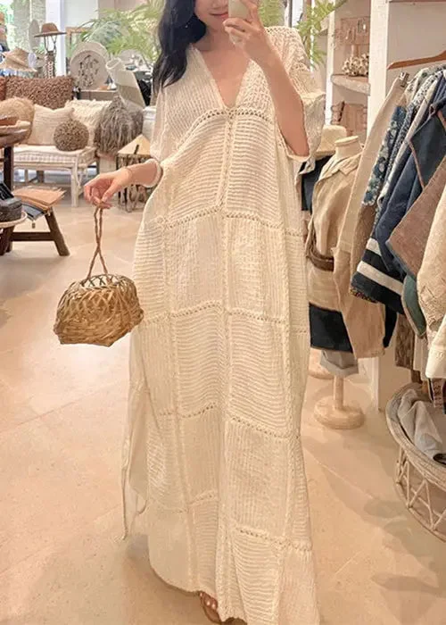 Elegant White V Neck Hollow Out Side Open Knit Dresses Half Sleeve CG1013 Mesh unclassified dresses