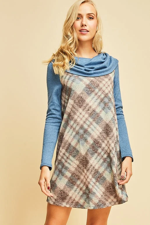 Entro Plaid Cowl Neck Dress - Blue Combo Embroidered unclassified dresses