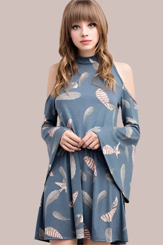 Wide Bell Sleeve Open Shoulder Dress - Dusty Navy Comfortable unclassified dresses