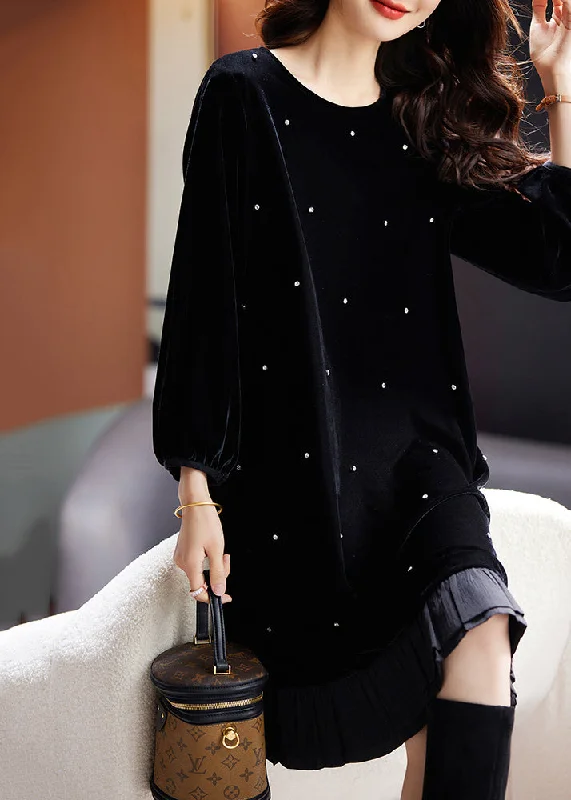 Fine Black O Neck Nail Bead Patchwork Velvet Dress Fall AC1007 Pastel unclassified dresses