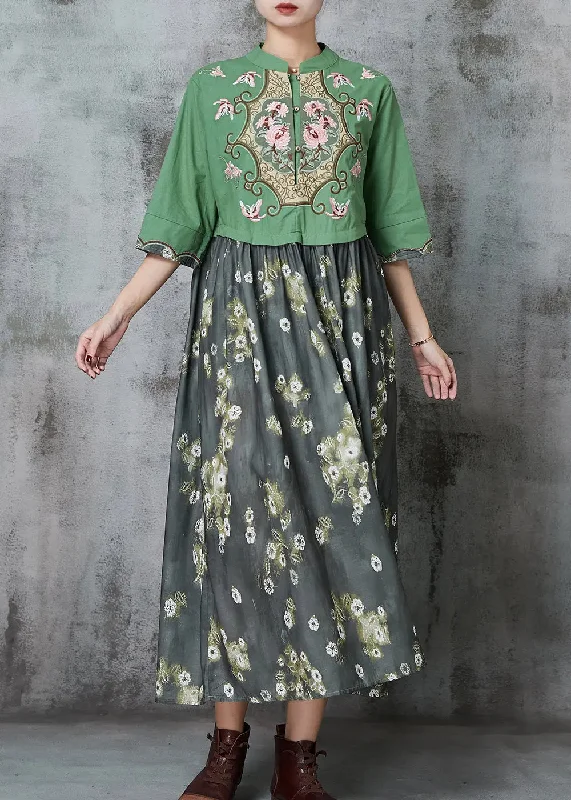 Fine Green Embroidered Patchwork Cotton Vacation Dresses Summer JK1043 One-shoulder unclassified dresses