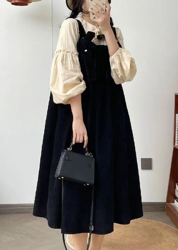 French Black Bow Corduroy Shoulder Strap Dresses Summer FF013 Neutral tone unclassified dresses