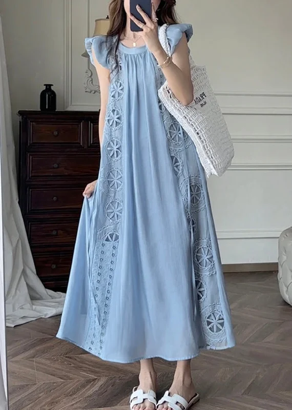 French Blue Hollow Out Embroidered Cotton Dresses Petal Sleeve EE1028 Winter unclassified dresses