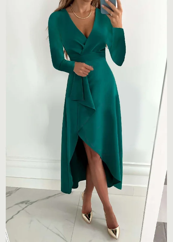 French Green V Neck Asymmetrical Design Side Open Dress Fall QR003 Stretchy unclassified dresses