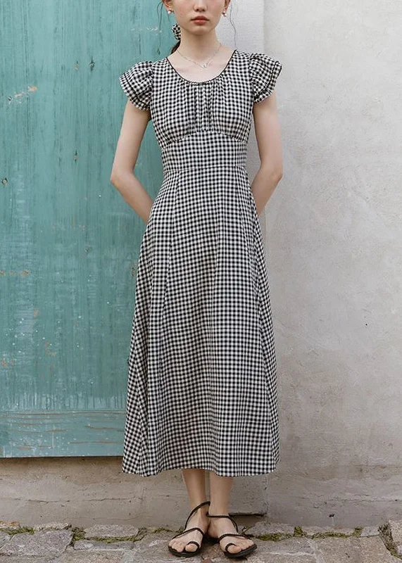 French Plaid O Neck High Waist Cotton Dresses Summer XX079 Ruffled unclassified dresses