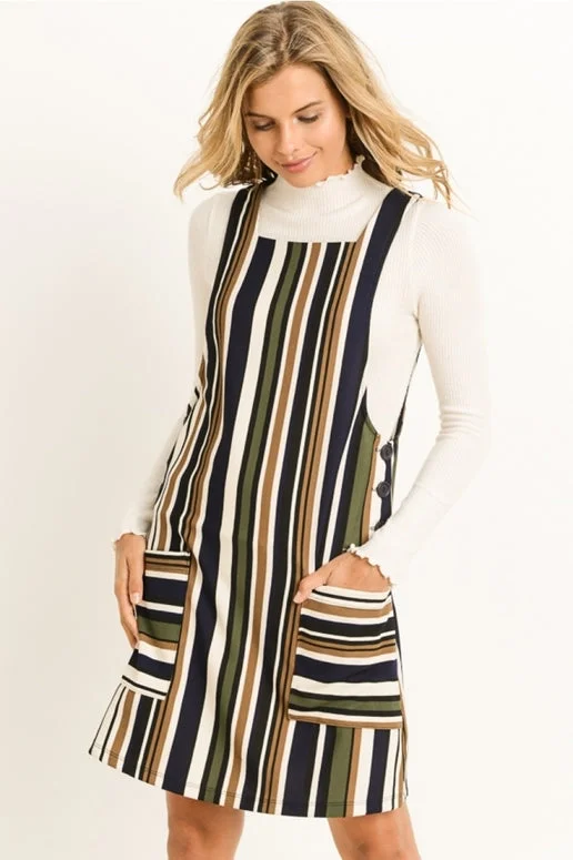 Gilli Striped Jumper Overalls Dress w/ Pockets - Navy Olive Spring unclassified dresses