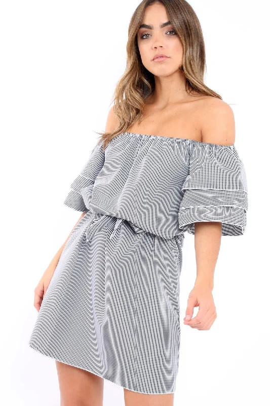 Gingham Bardot Dress with Ruffled Sleeves - Breena Fashionable unclassified dresses