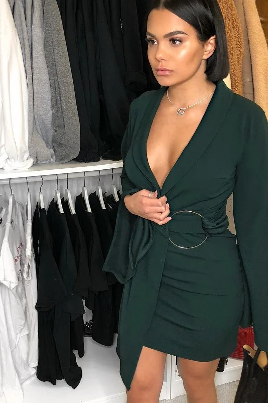 Green Blazer Dress with Ring Belt Detail - Emilie One-shoulder unclassified dresses