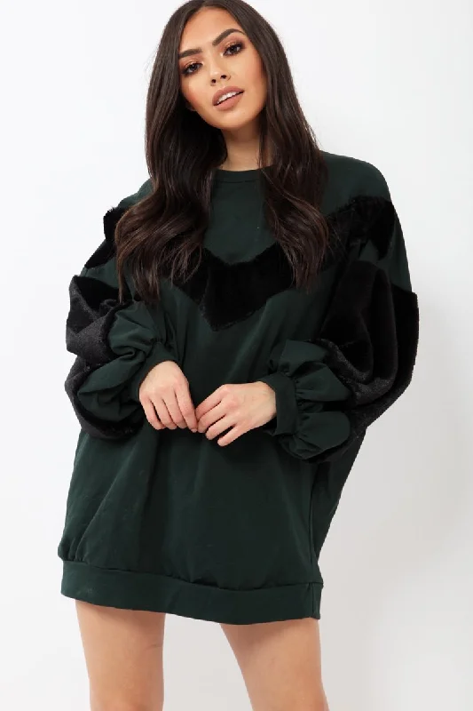 Green Chevron Fur Jumper Dress - Esme Off-shoulder unclassified dresses